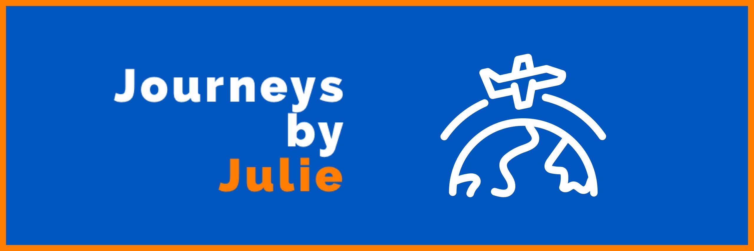 A blue logo with orange trim. Featuring in bold letters Journey's by Julie.